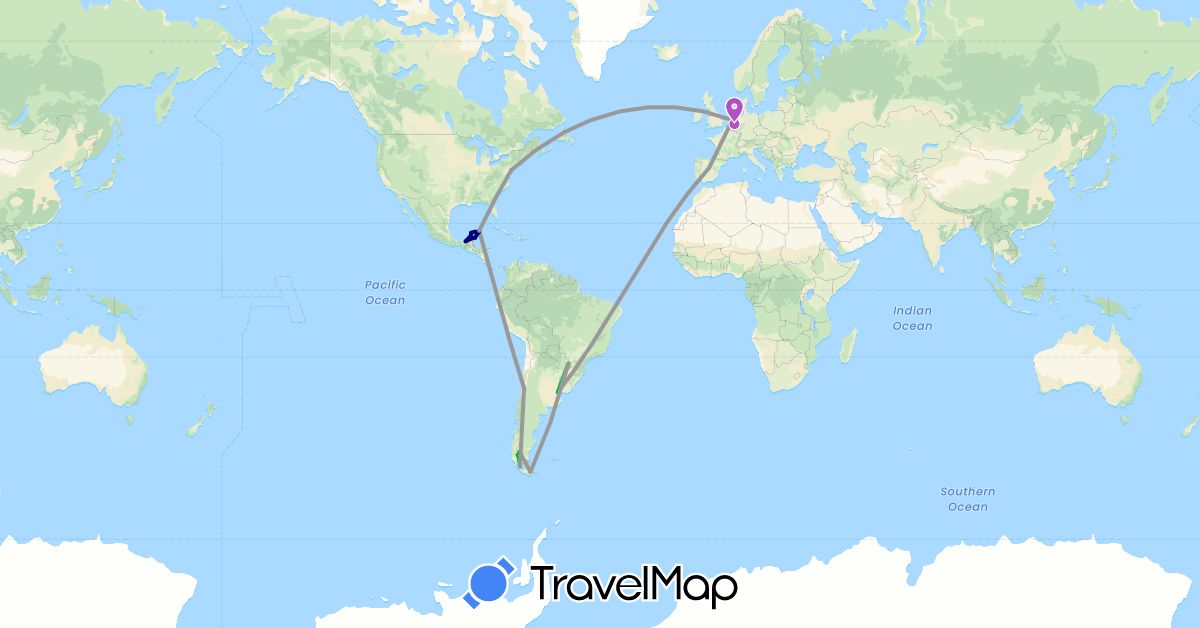 TravelMap itinerary: driving, bus, plane, train in Argentina, Brazil, Chile, Spain, Mexico, Netherlands, United States (Europe, North America, South America)